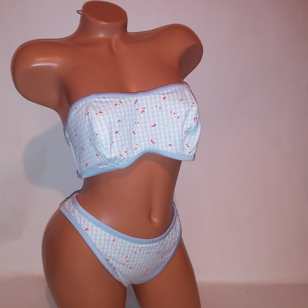 Victoria Secret PINK Swim Bikini XL Top & Bottom Blue White Floral Bandeau New